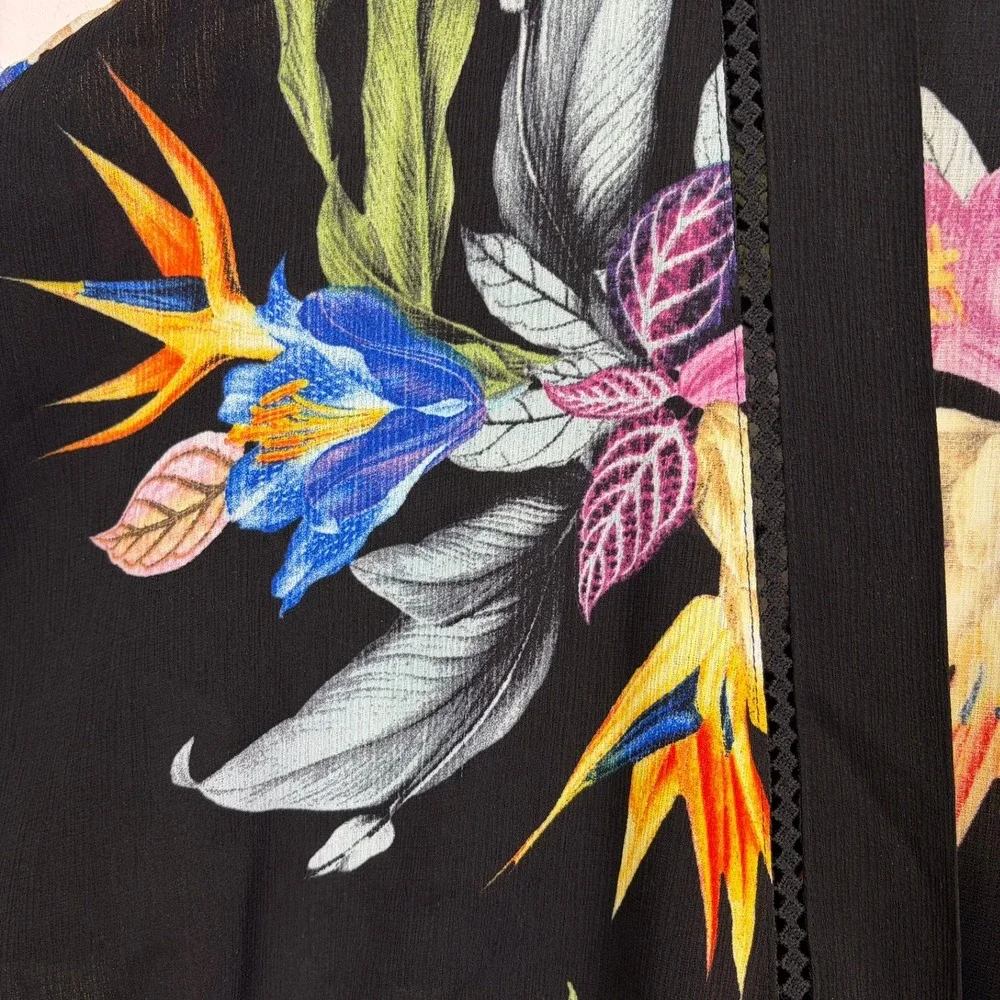Kona Sol Womens Kimono Cover Up S/M Black Tropical Floral Bird of Paradise Wrap